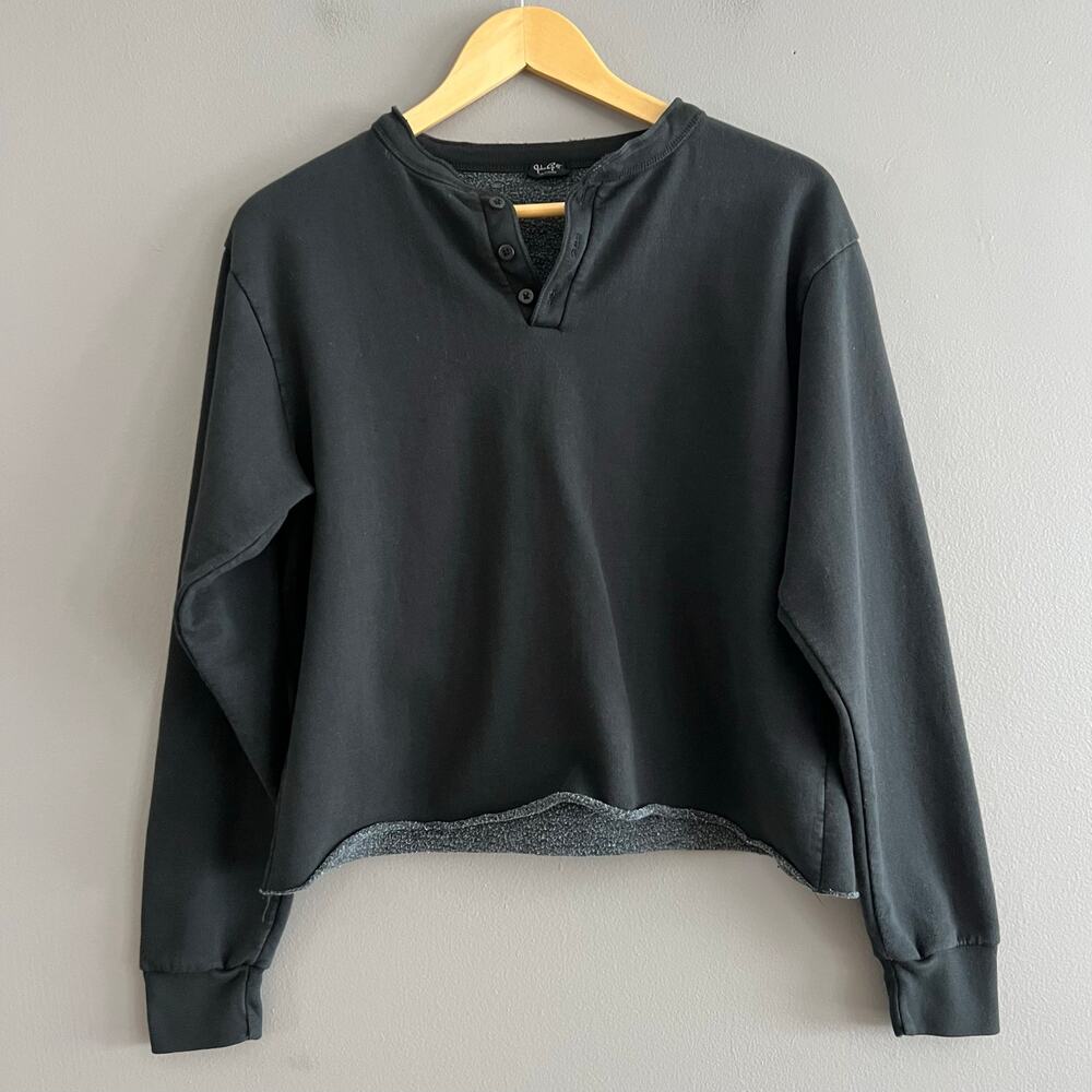 John Galt Cropped Raw Hem Button Henley Sweatshirt Women’s Casual Pullover